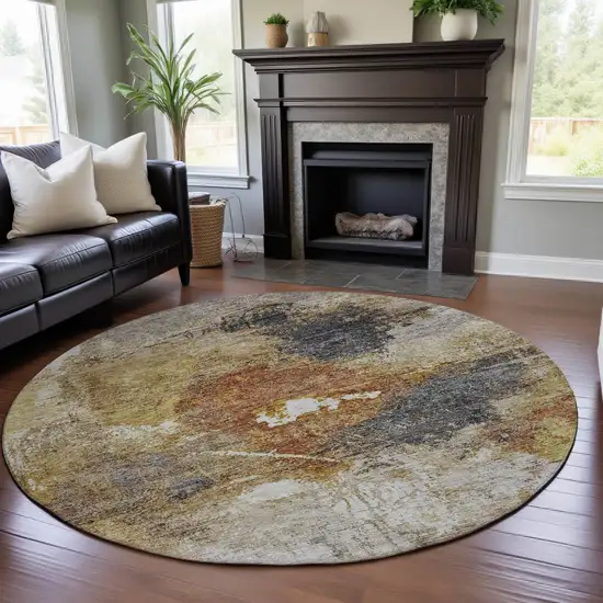8' Taupe Gold And Blue Abstract Washable Round Rug With UV Protection Photo 2