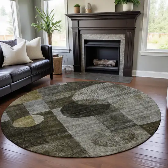 8' Taupe Gold And Brown Geometric Washable Round Rug With UV Protection Photo 4