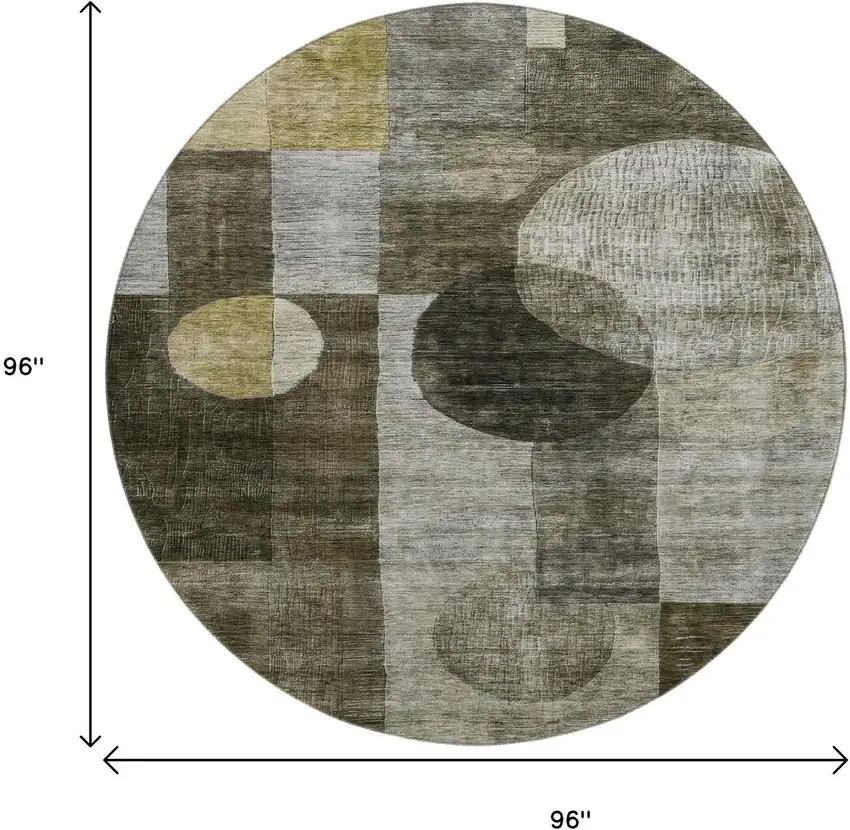 8' Taupe Gold And Brown Geometric Washable Round Rug With UV Protection Photo 9