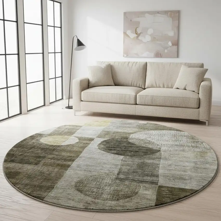 8' Taupe Gold And Brown Geometric Washable Round Rug With UV Protection Photo 2