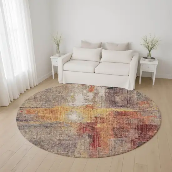 8' Taupe Gold And Copper Abstract Washable Round Rug With UV Protection Photo 4