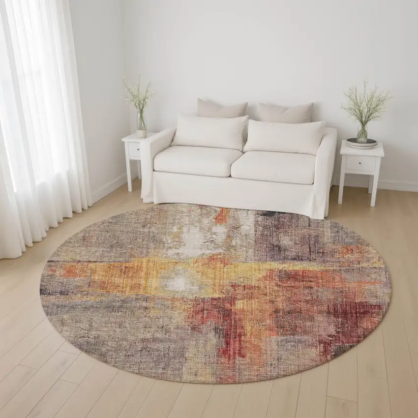 8' Taupe Gold And Copper Abstract Washable Round Rug With UV Protection Photo 4