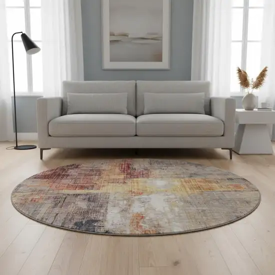8' Taupe Gold And Copper Abstract Washable Round Rug With UV Protection Photo 2