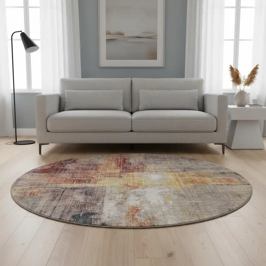 8' Taupe Gold And Copper Abstract Washable Round Rug With UV Protection Photo 2