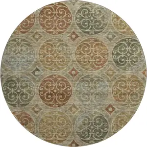 Photo of 8' Taupe Gold And Copper Medallion Washable Round Rug With UV Protection