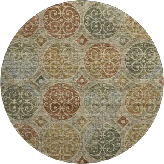 8' Taupe Gold And Copper Medallion Washable Round Rug With UV Protection Photo 1
