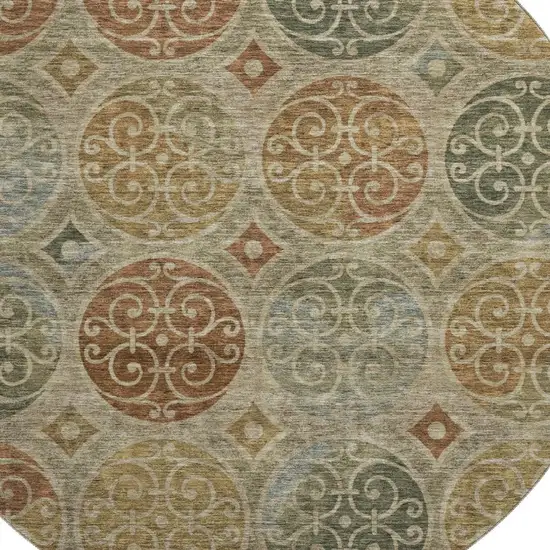 8' Taupe Gold And Copper Medallion Washable Round Rug With UV Protection Photo 3