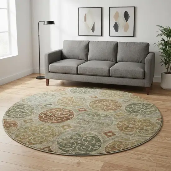 8' Taupe Gold And Copper Medallion Washable Round Rug With UV Protection Photo 2