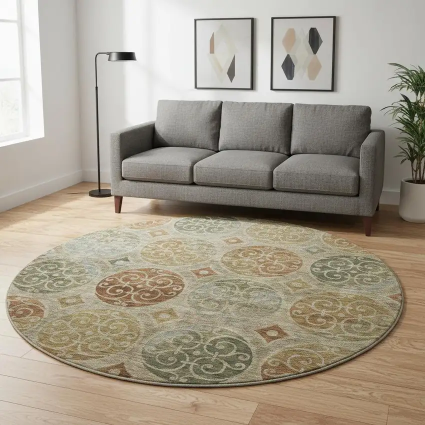 8' Taupe Gold And Copper Medallion Washable Round Rug With UV Protection Photo 2