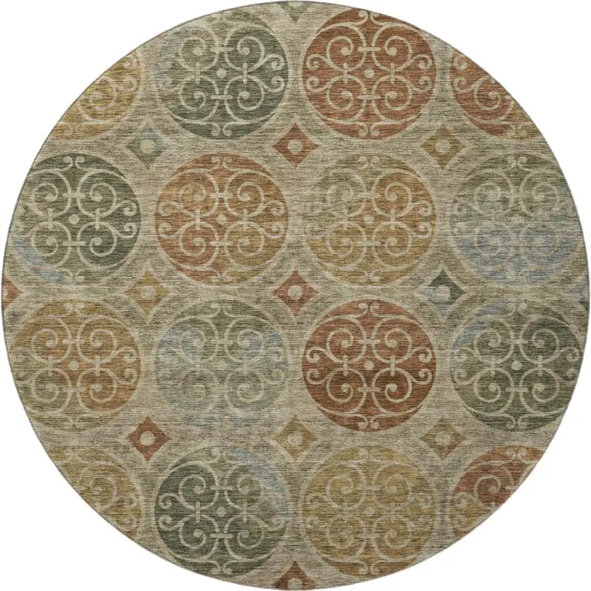 8' Taupe Gold And Copper Medallion Washable Round Rug With UV Protection Photo 4