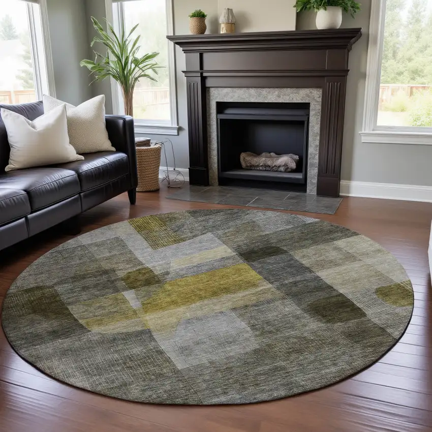 8' Taupe Gold And Gray Abstract Washable Round Rug With UV Protection Photo 4