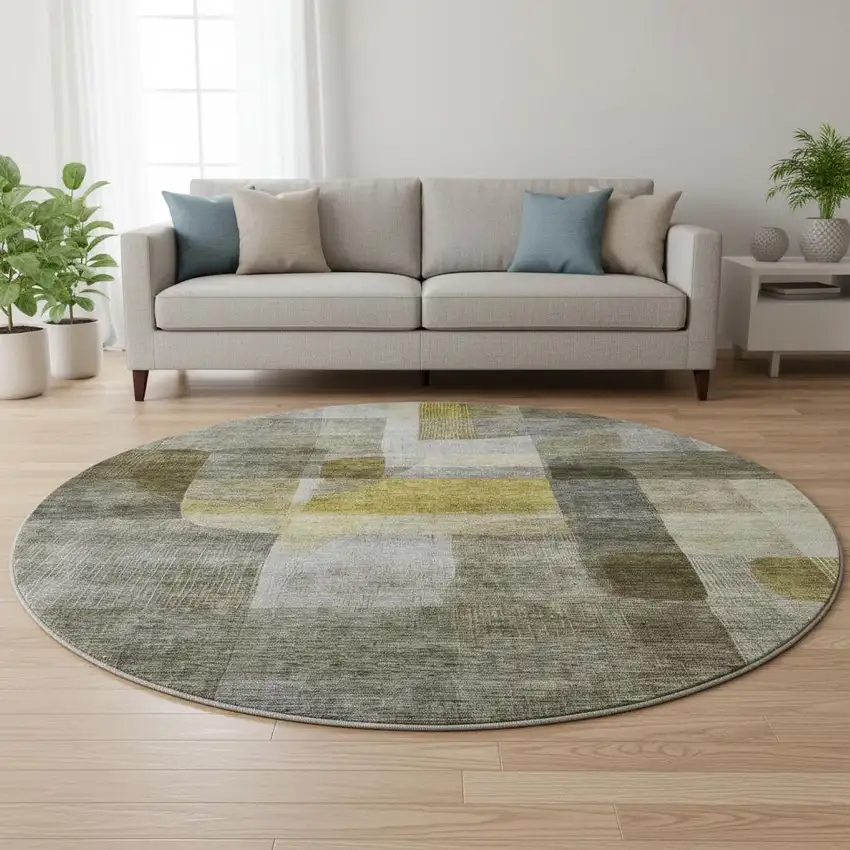 8' Taupe Gold And Gray Abstract Washable Round Rug With UV Protection Photo 2