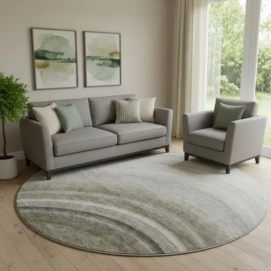 8' Taupe Gold And Gray Ombre Washable Round Rug With UV Protection Photo 1