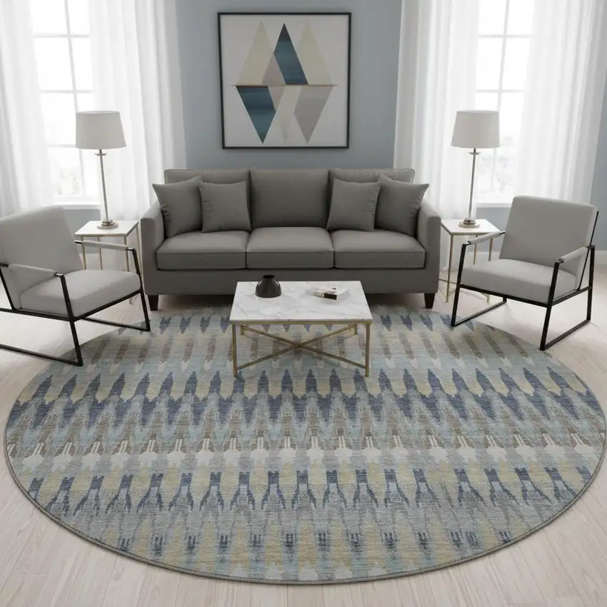 8' Taupe Gold And Gray Southwestern Washable Round Rug With UV Protection Photo 2