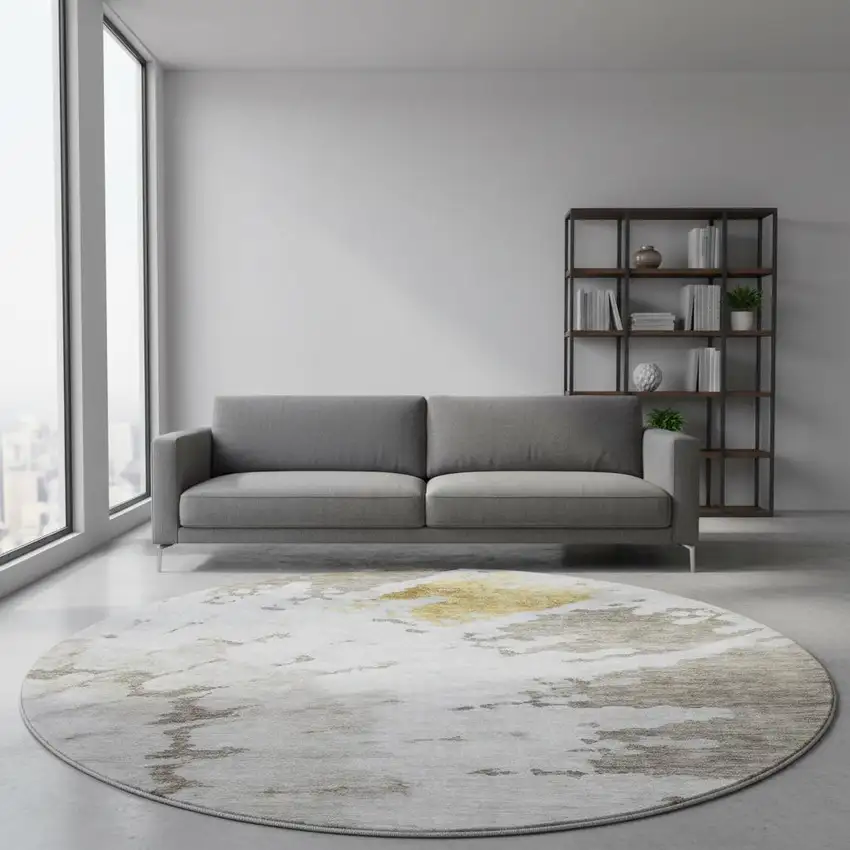 8' Taupe Gold And Ivory Abstract Washable Round Rug With UV Protection Photo 2