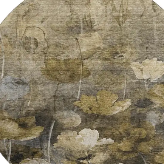 8' Taupe Gold And Ivory Floral Washable Round Rug With UV Protection Photo 3