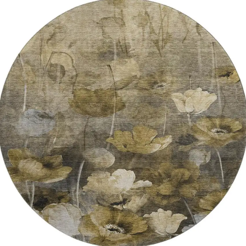 8' Taupe Gold And Ivory Floral Washable Round Rug With UV Protection Photo 4