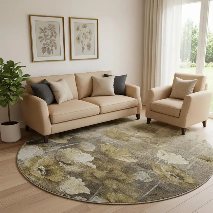 8' Taupe Gold And Ivory Floral Washable Round Rug With UV Protection Photo 1