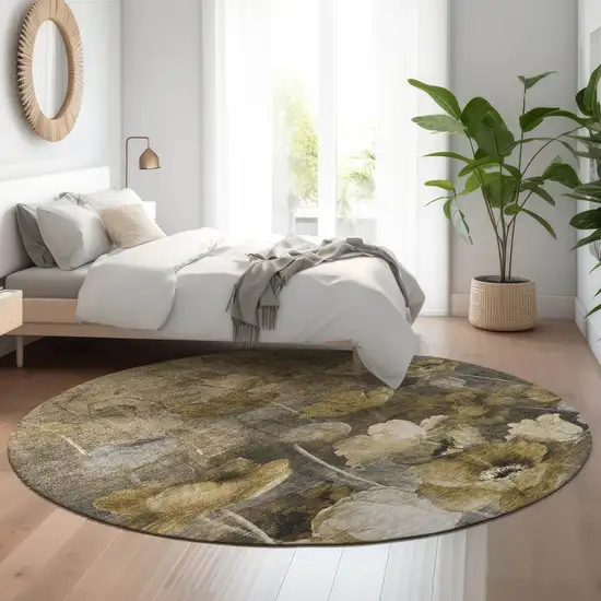 8' Taupe Gold And Ivory Floral Washable Round Rug With UV Protection Photo 5