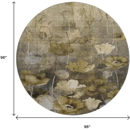 8' Taupe Gold And Ivory Floral Washable Round Rug With UV Protection Photo 3