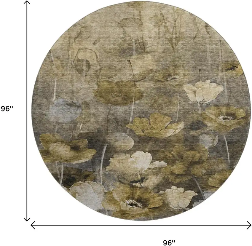 8' Taupe Gold And Ivory Floral Washable Round Rug With UV Protection Photo 3