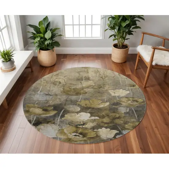 8' Taupe Gold And Ivory Floral Washable Round Rug With UV Protection Photo 2