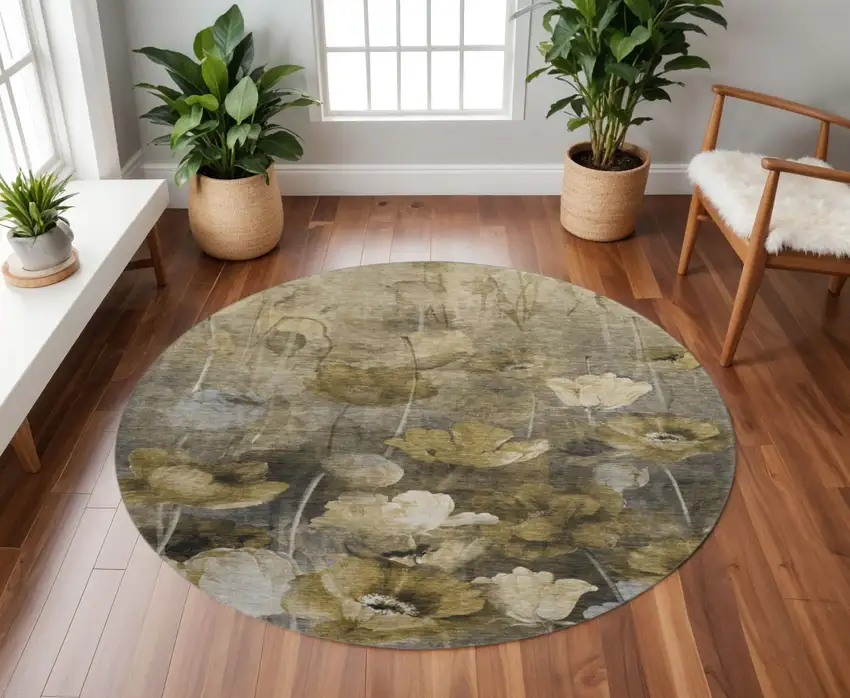 8' Taupe Gold And Ivory Floral Washable Round Rug With UV Protection Photo 2