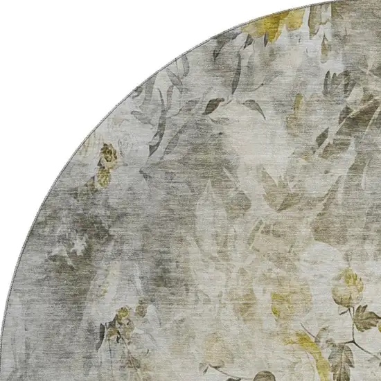 8' Taupe Gold And Ivory Floral Washable Round Rug With UV Protection Photo 3