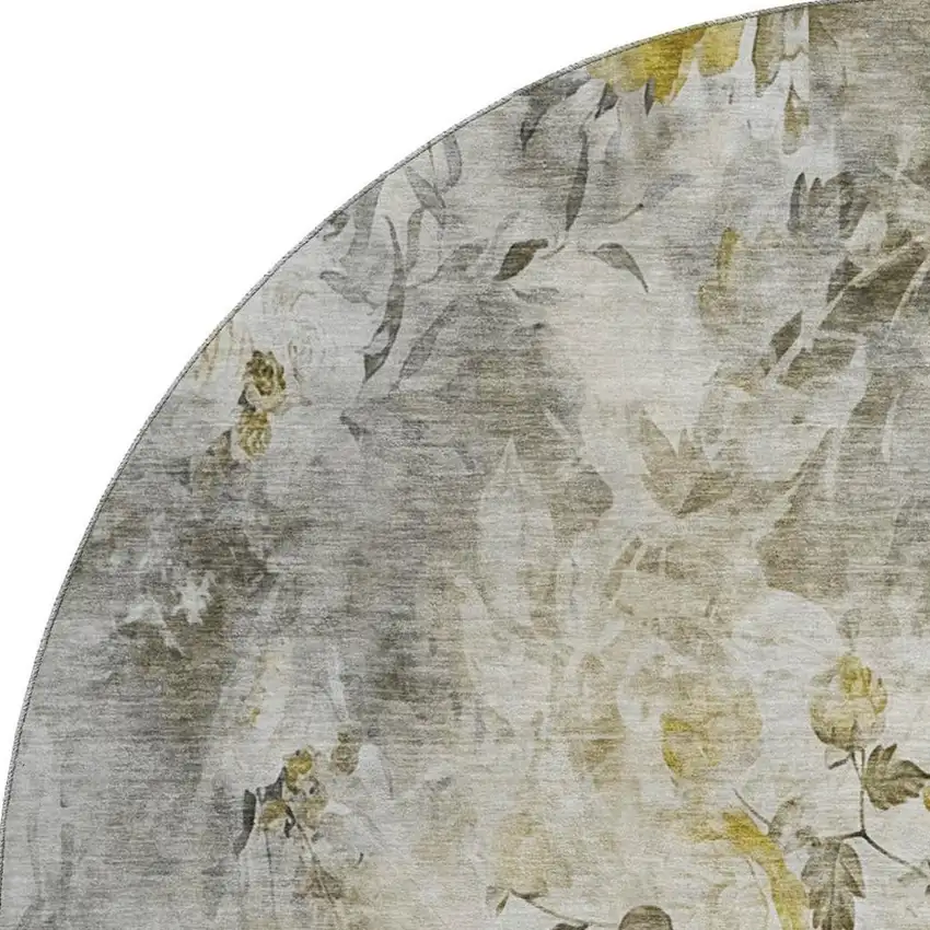 8' Taupe Gold And Ivory Floral Washable Round Rug With UV Protection Photo 3