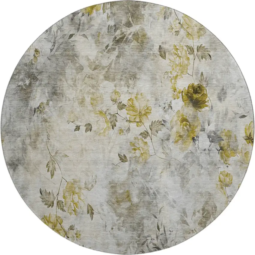 8' Taupe Gold And Ivory Floral Washable Round Rug With UV Protection Photo 1