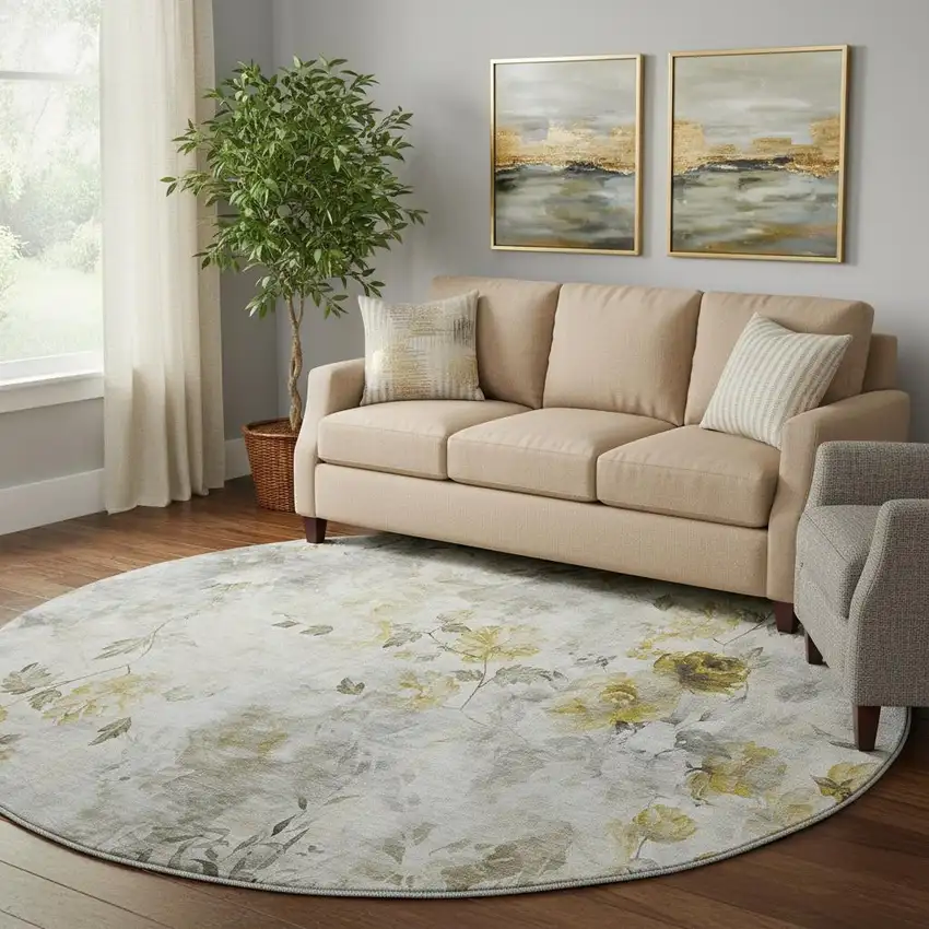 8' Taupe Gold And Ivory Floral Washable Round Rug With UV Protection Photo 1