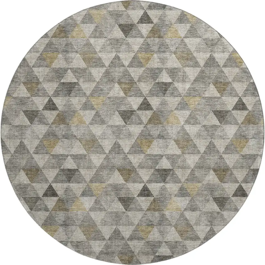 8' Taupe Gold And Ivory Geometric Washable Round Rug With UV Protection Photo 1