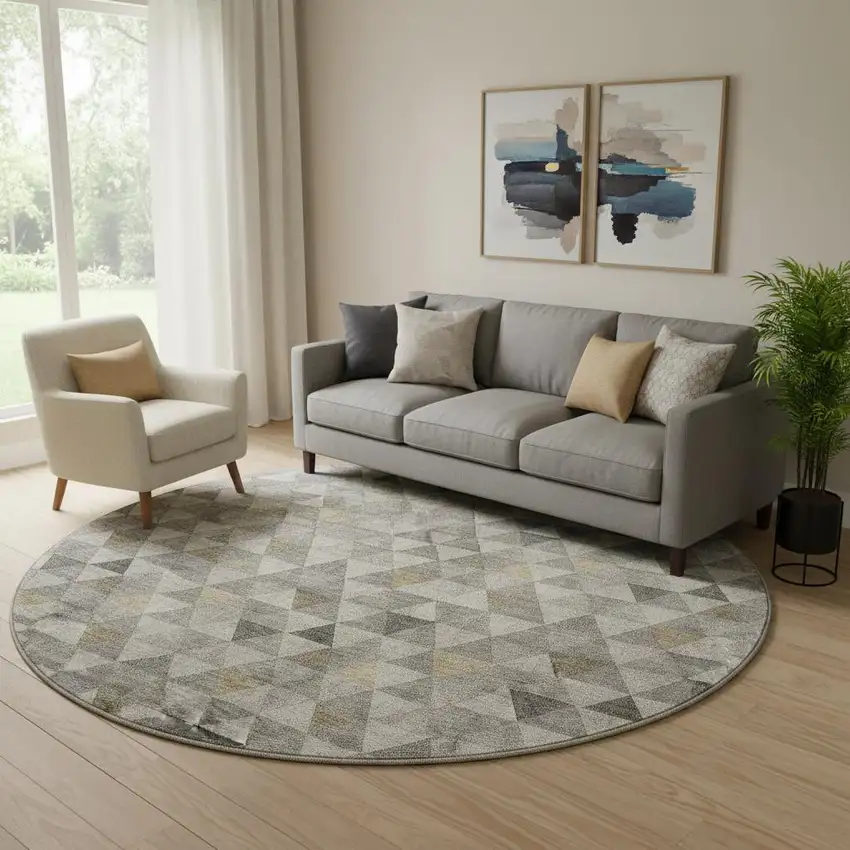 8' Taupe Gold And Ivory Geometric Washable Round Rug With UV Protection Photo 1