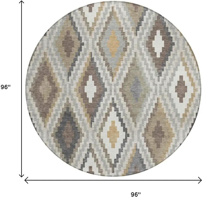 8' Taupe Gold And Ivory Round Geometric Washable Indoor Outdoor Area Rug Photo 3