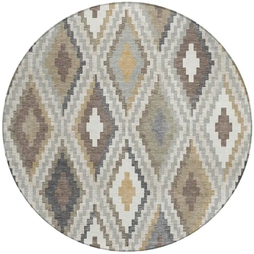 8' Taupe Gold And Ivory Round Geometric Washable Indoor Outdoor Area Rug Photo 4