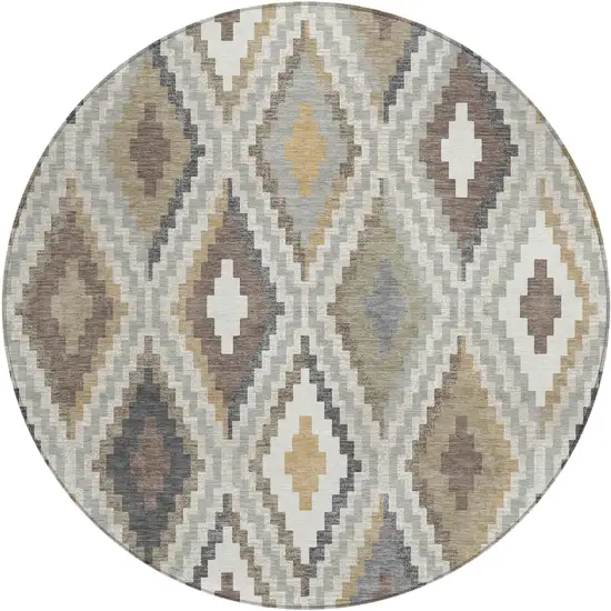 8' Taupe Gold And Ivory Round Geometric Washable Indoor Outdoor Area Rug Photo 2