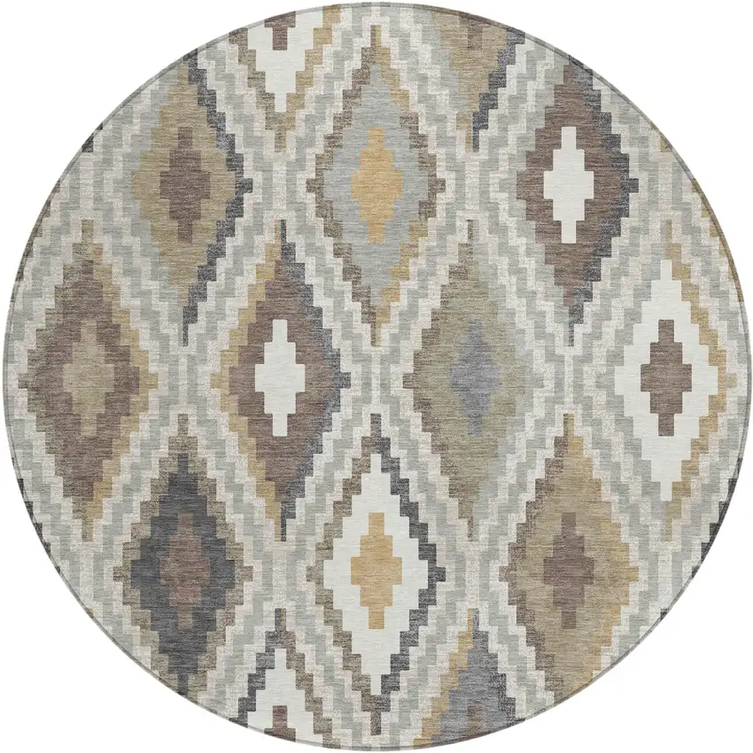 8' Taupe Gold And Ivory Round Geometric Washable Indoor Outdoor Area Rug Photo 2