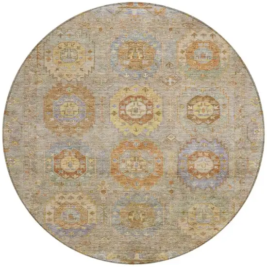 8' Taupe Gold And Lavender Round Medallion Washable Indoor Outdoor Area Rug Photo 4