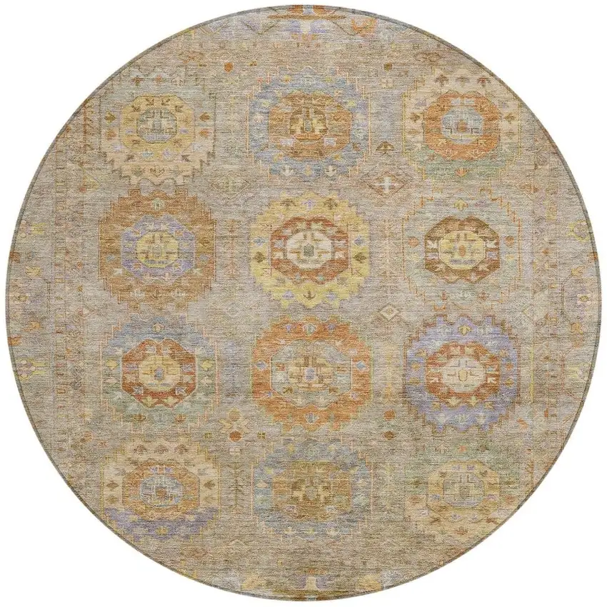 8' Taupe Gold And Lavender Round Medallion Washable Indoor Outdoor Area Rug Photo 4
