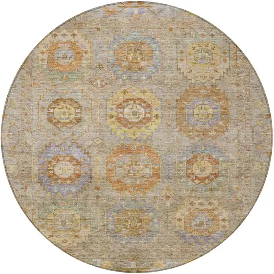 8' Taupe Gold And Lavender Round Medallion Washable Indoor Outdoor Area Rug Photo 5