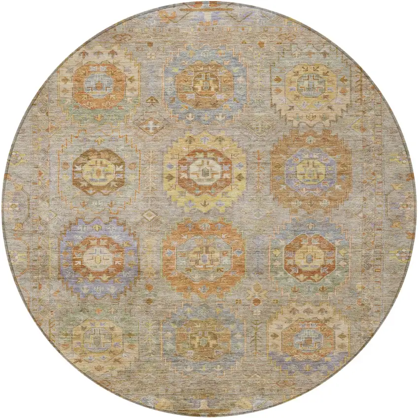 8' Taupe Gold And Lavender Round Medallion Washable Indoor Outdoor Area Rug Photo 5