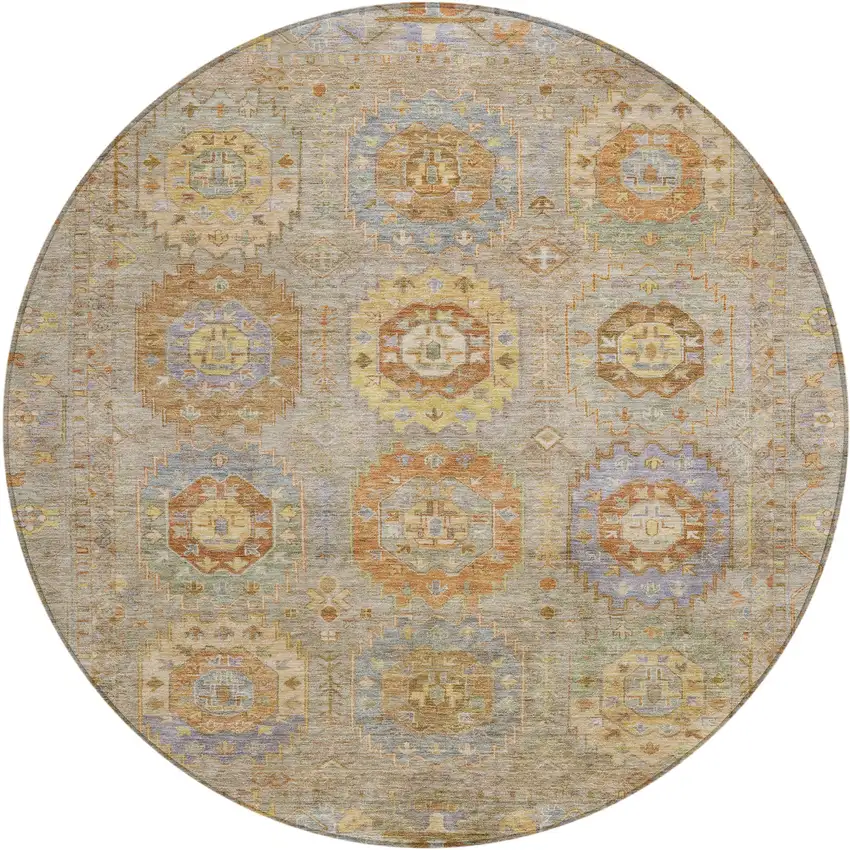 8' Taupe Gold And Lavender Round Medallion Washable Indoor Outdoor Area Rug Photo 2