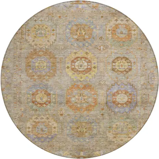 8' Taupe Gold And Lavender Round Medallion Washable Indoor Outdoor Area Rug Photo 2