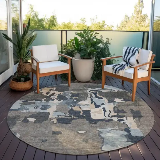 8' Taupe Gray And Beige Round Abstract Washable Indoor Outdoor Area Rug Photo 7