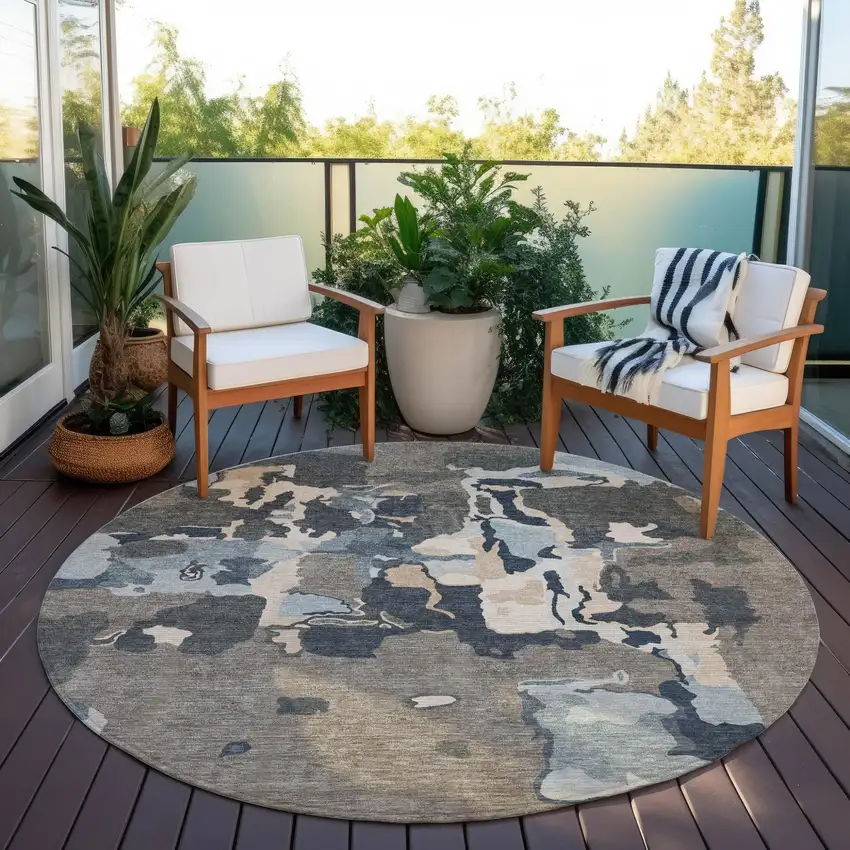 8' Taupe Gray And Beige Round Abstract Washable Indoor Outdoor Area Rug Photo 7