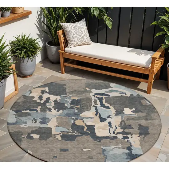 8' Taupe Gray And Beige Round Abstract Washable Indoor Outdoor Area Rug Photo 1