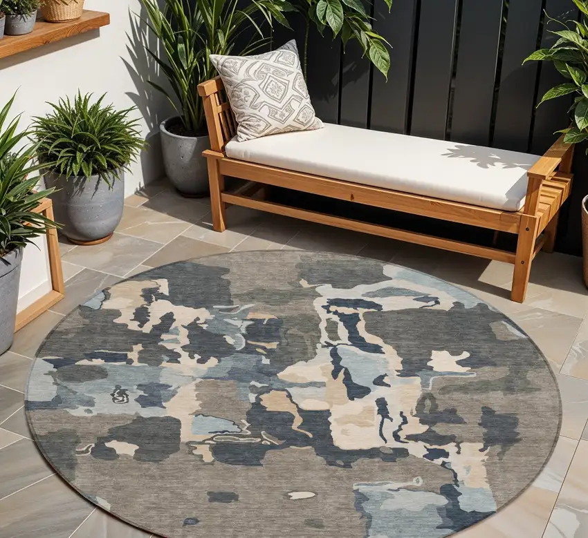 8' Taupe Gray And Beige Round Abstract Washable Indoor Outdoor Area Rug Photo 1