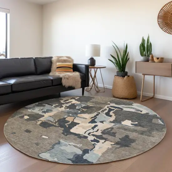 8' Taupe Gray And Beige Round Abstract Washable Indoor Outdoor Area Rug Photo 8
