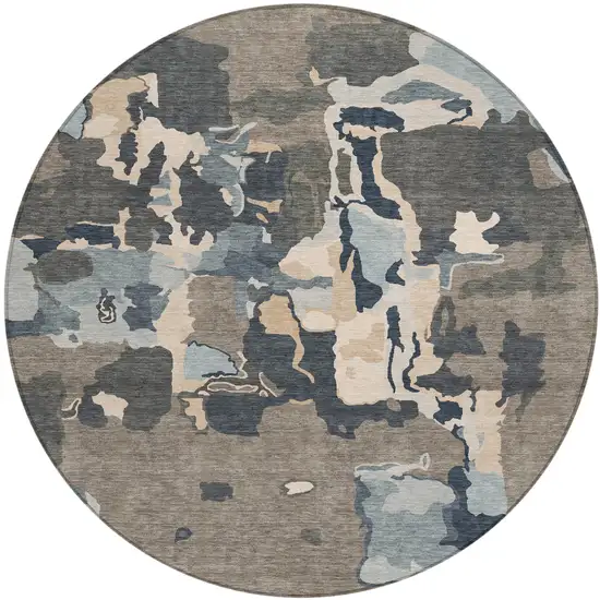8' Taupe Gray And Beige Round Abstract Washable Indoor Outdoor Area Rug Photo 2