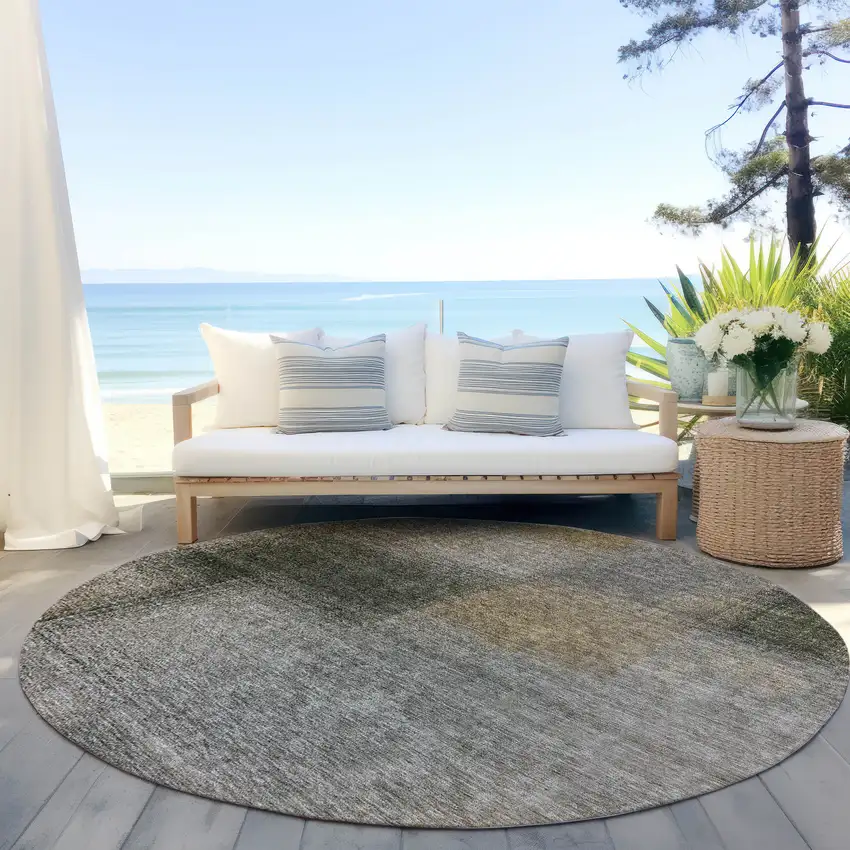 8' Taupe Gray And Beige Round Abstract Washable Indoor Outdoor Area Rug Photo 6